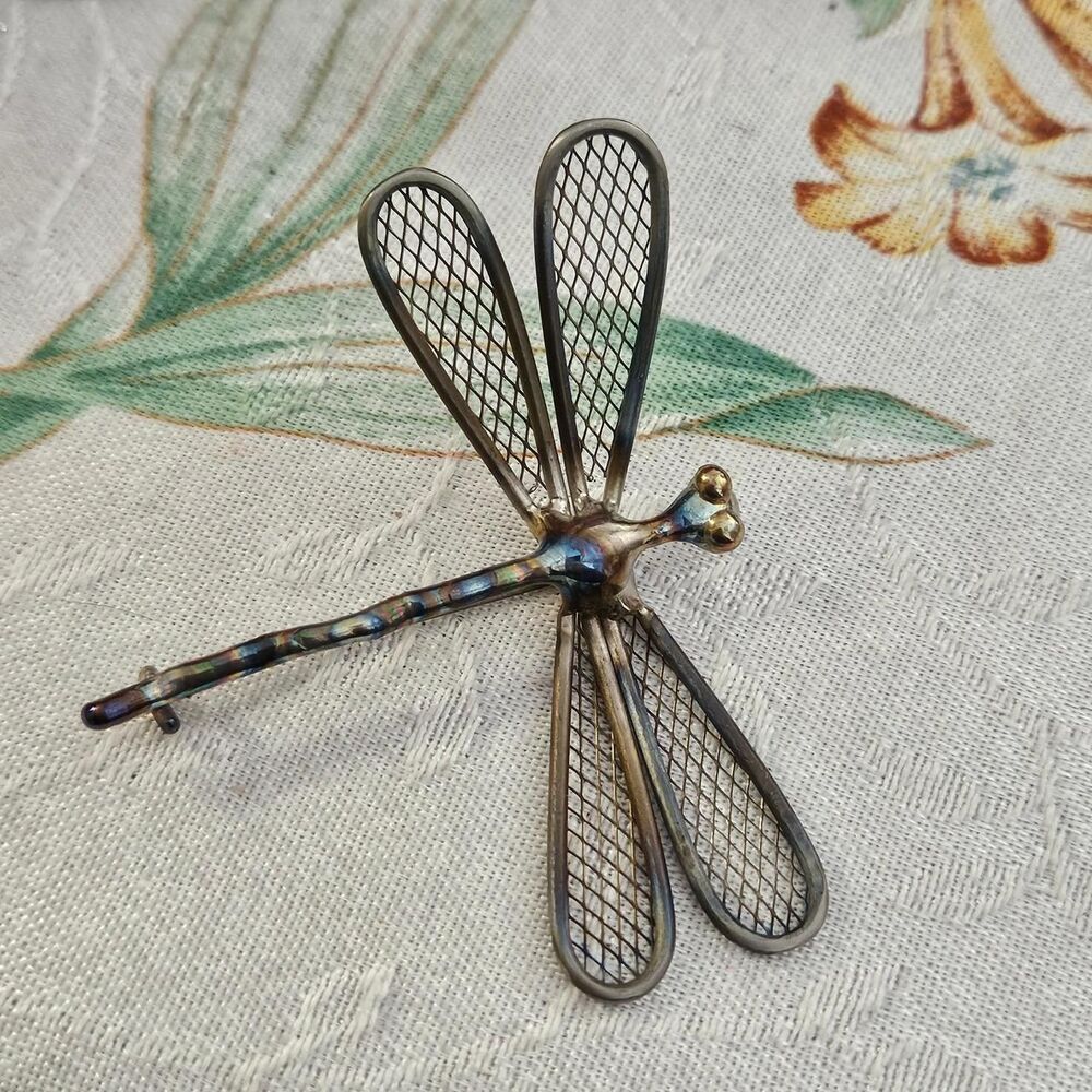 vintage whimsical witchy silver tone dragonfly brooch